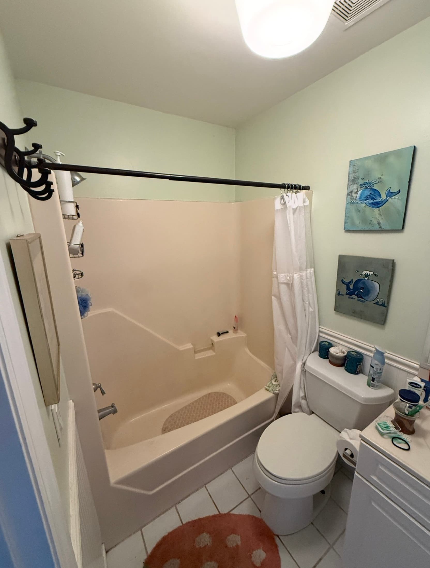 Dated bathroom with a one-piece fiberglass tub and shower insert